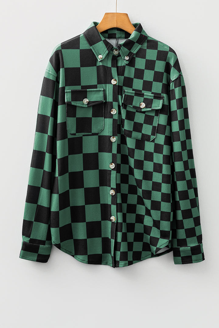 Green Checkerboard Flap Pocket Button Front Shacket