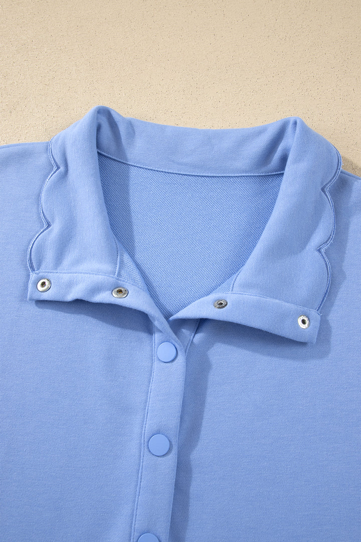 Beau Blue Plus Size Solid Scalloped Hem Button Neck Pullover Mini Dress