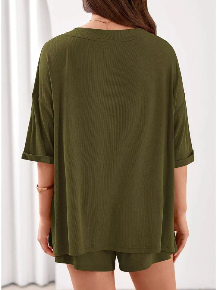 Casual Solid Color V-Neck Top & Shorts Set