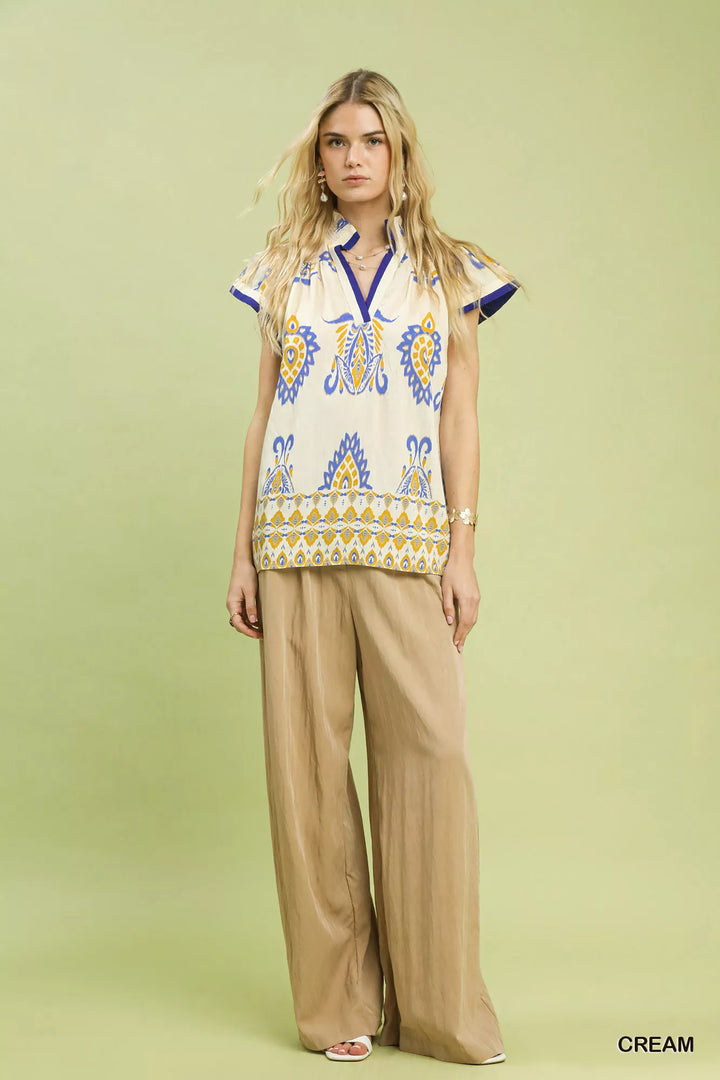 Umgee Border Print Split-Neck Boho Top