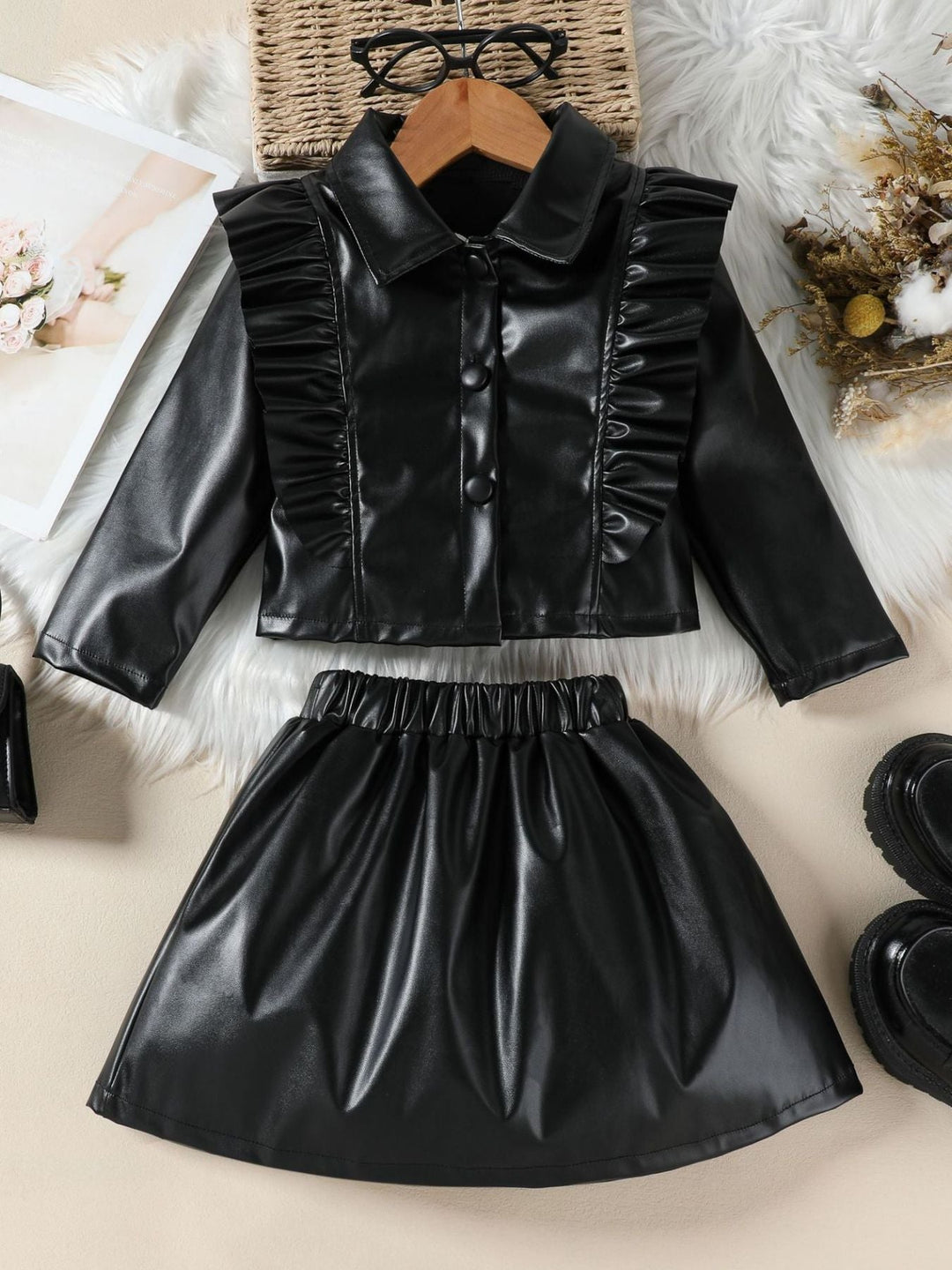 Children's Ruffled Faux Leather Top and Skirt Set