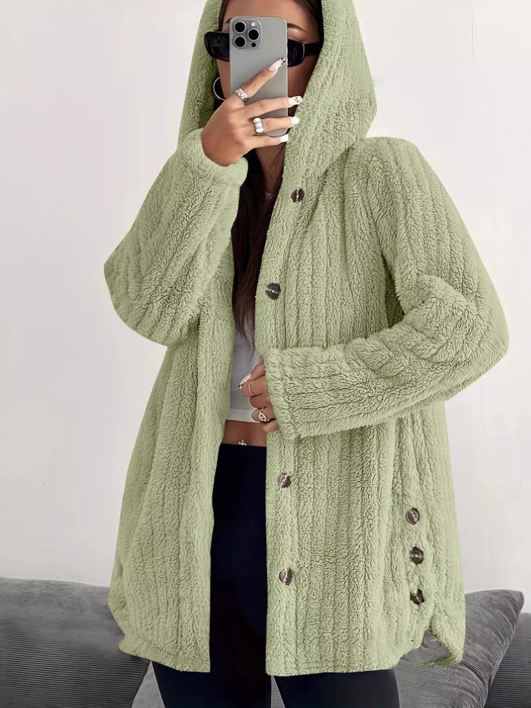 Full Size Fleece Button Up Hooded Outerwear Plus Size