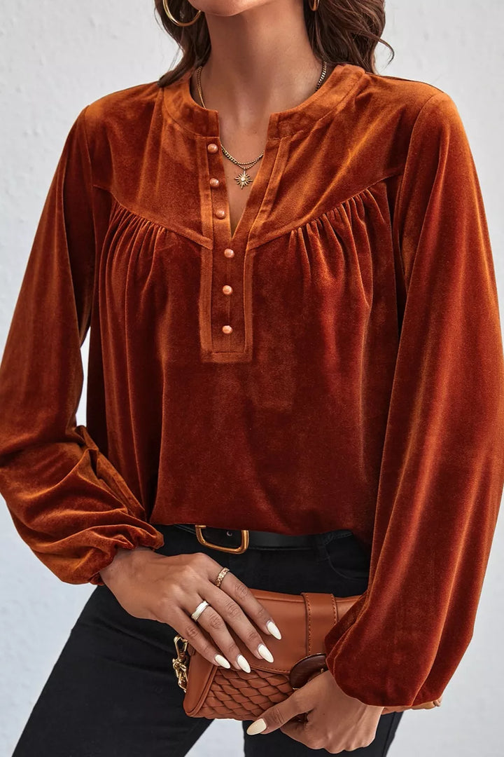 Velvet Button-Front Long Sleeve Blouse