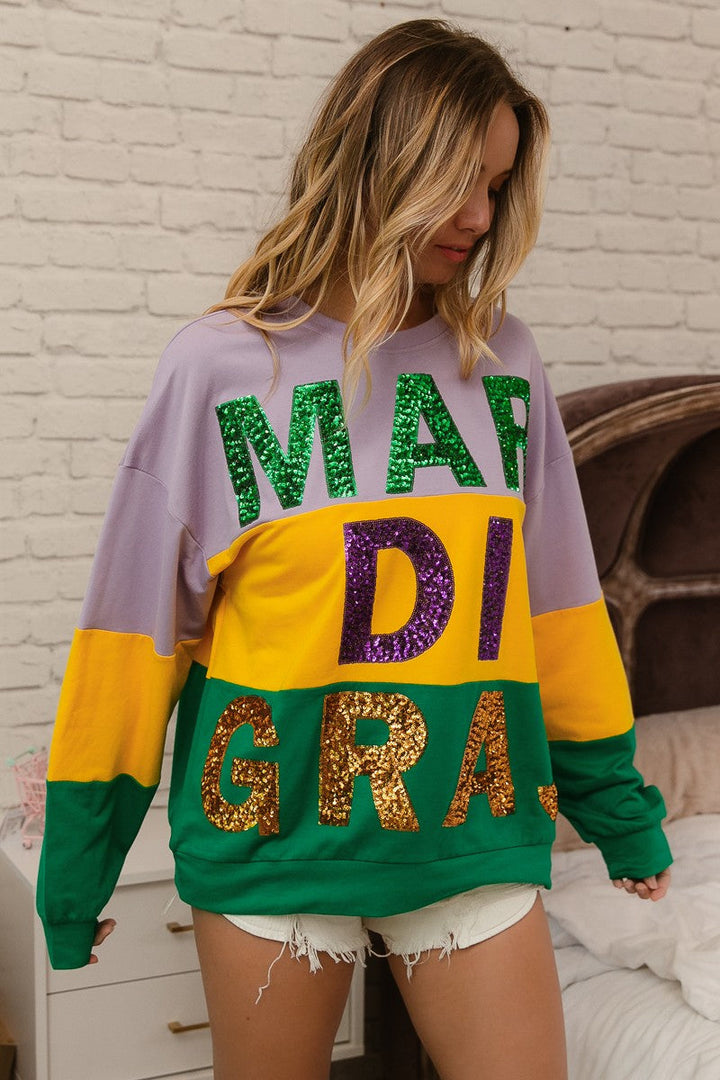 BiBi Sequin Mardi Gras Lettering Color Block Sweatshirt