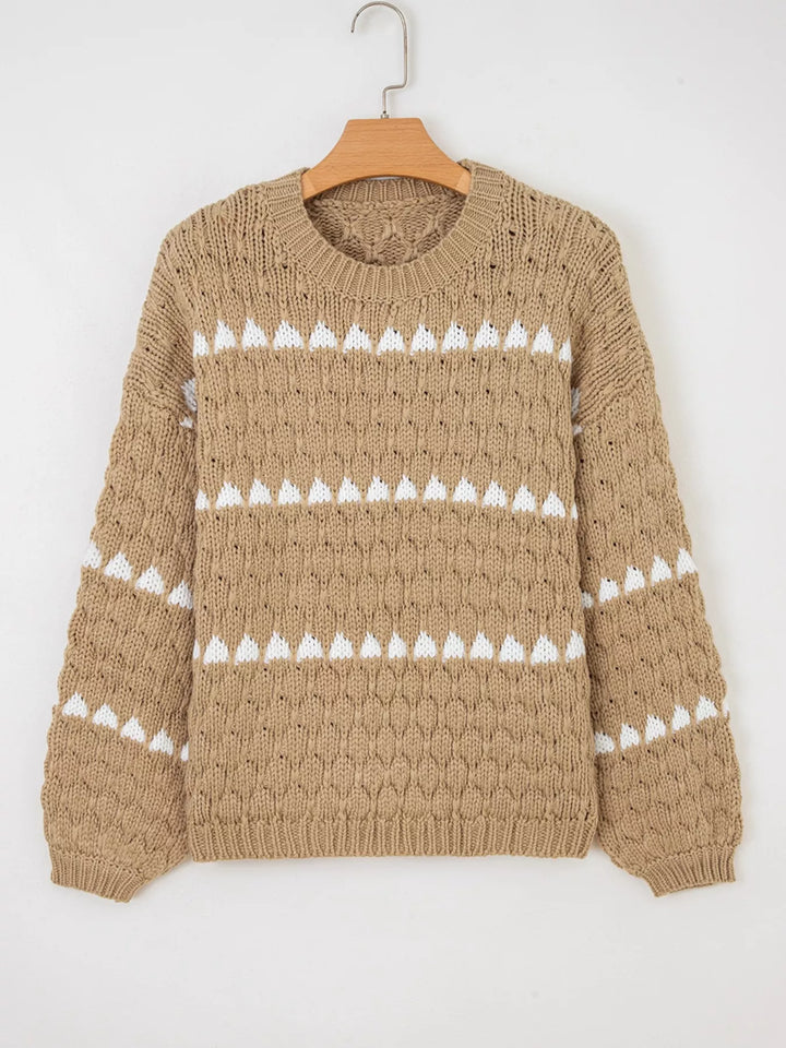 Contrast Detail Textured Knit Puff Sleeve Baggy Sweater
