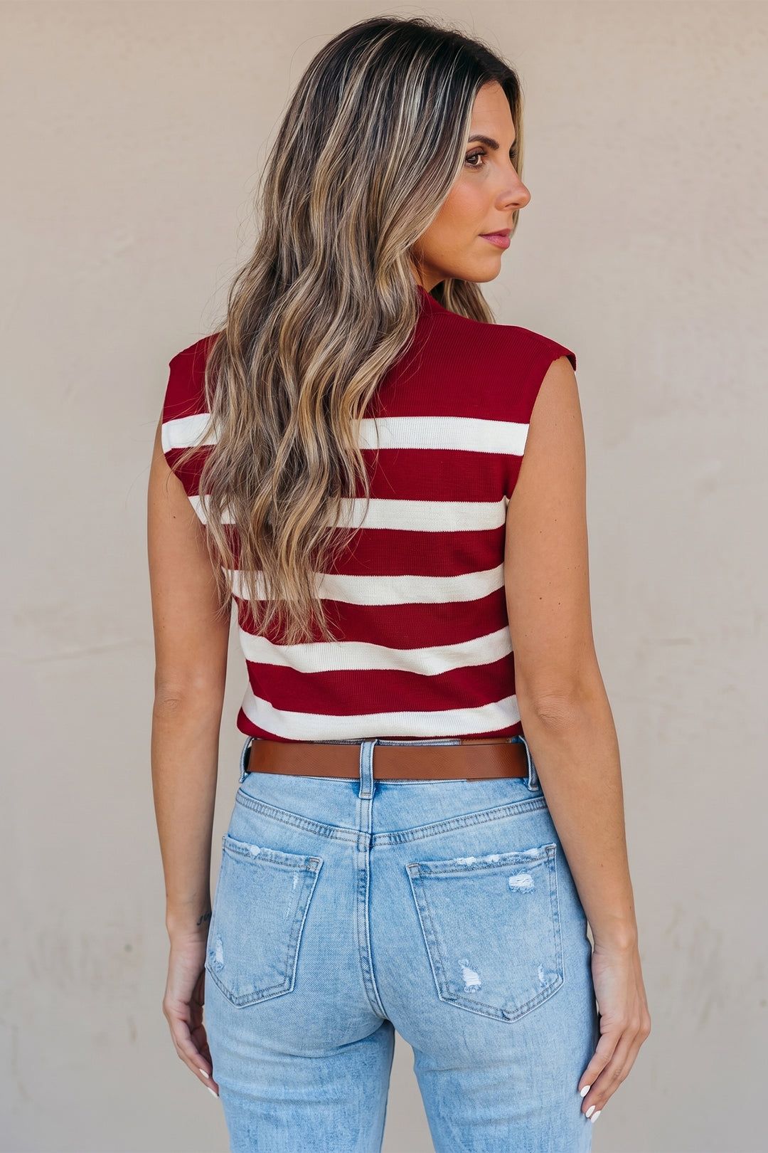 Red Stripe Collared Split Neck Sweater Vest