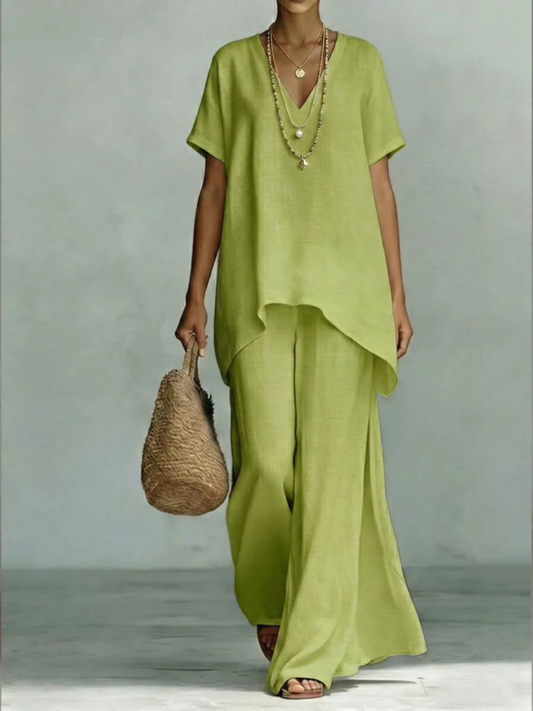 Full Size V-Neck Top and Wide-Leg Pants Set Plus Size