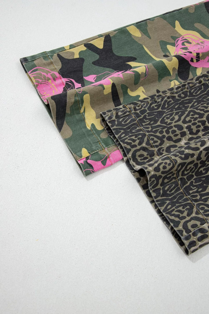 Multicolour Retro Floral Leopard Contrast Patchwork Raw Hem Jeans