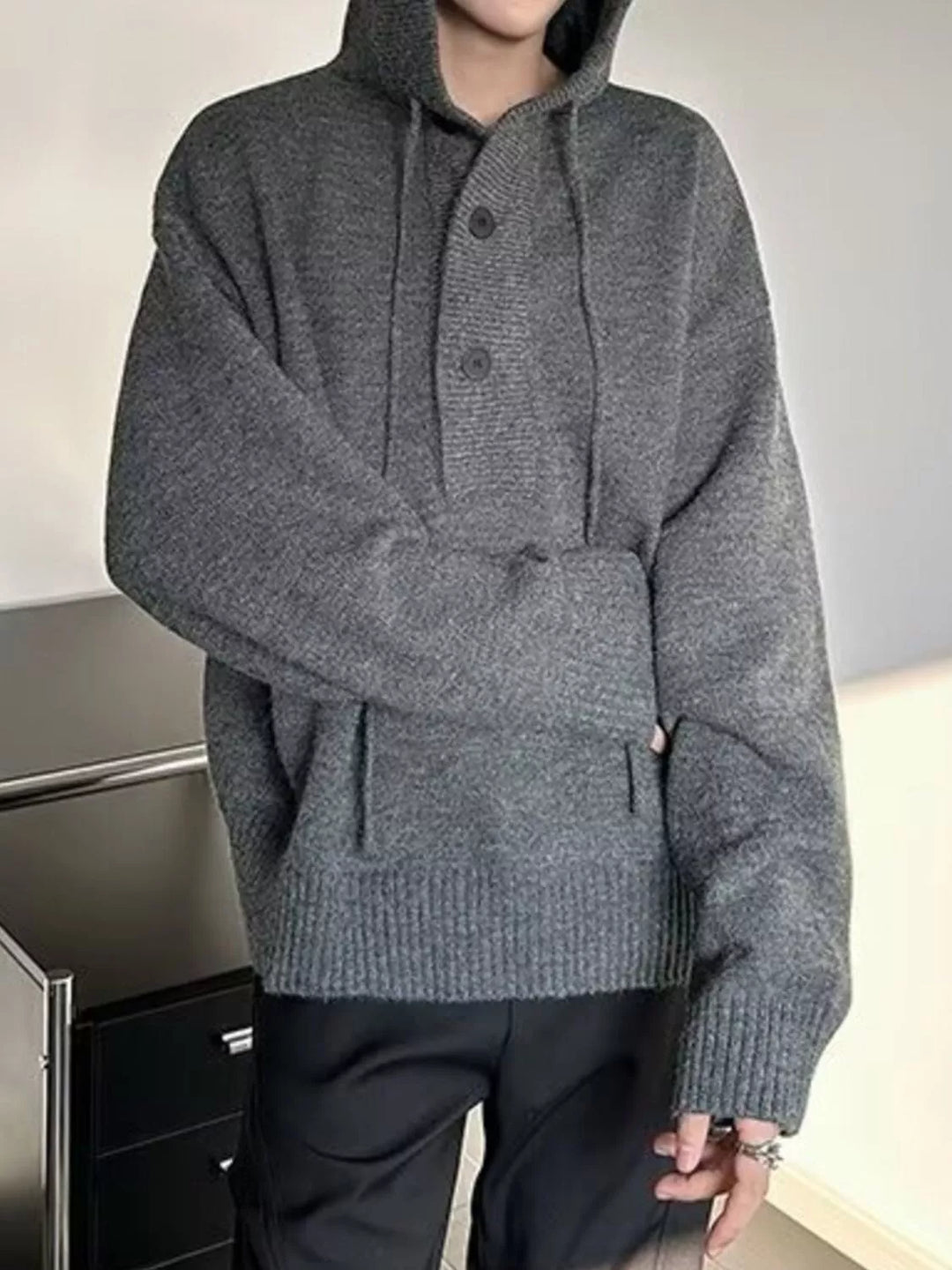 Men's Plus Size Hooded Button Detail Knit Sweater