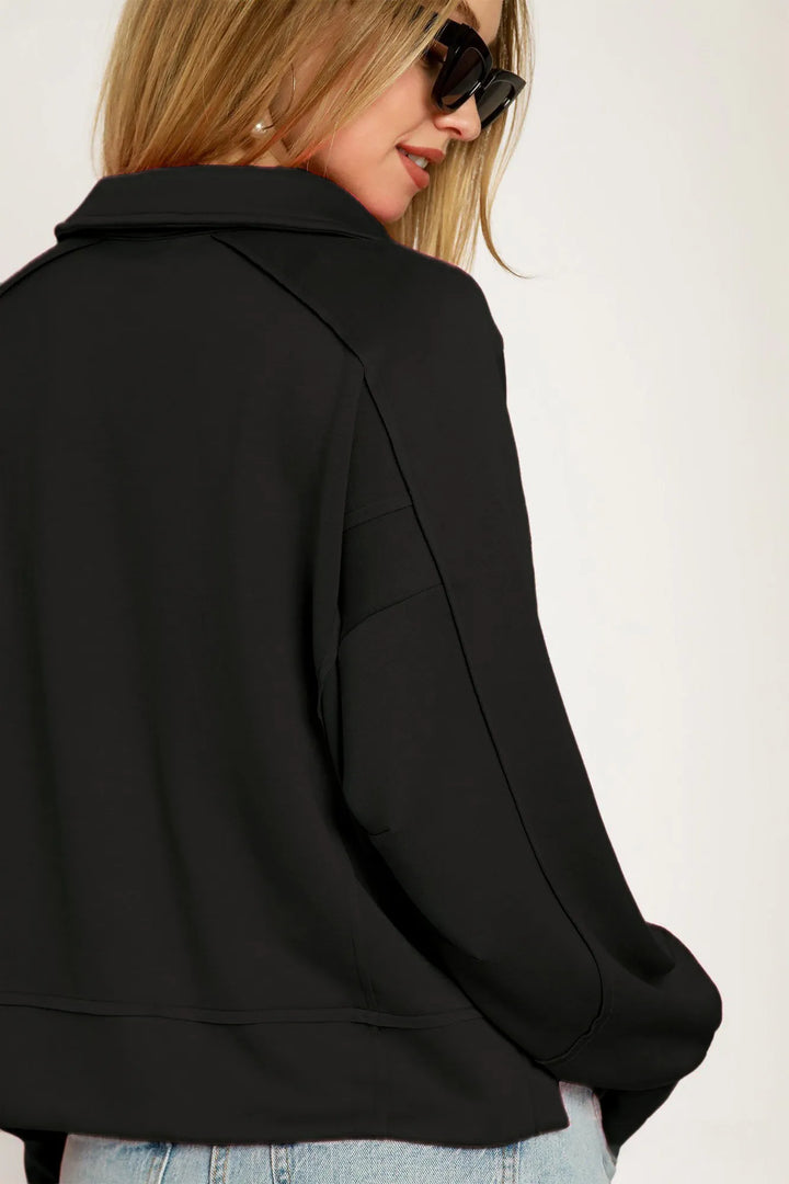 Umgee Collared Neck Long Sleeve Top with Raw Hem Detail
