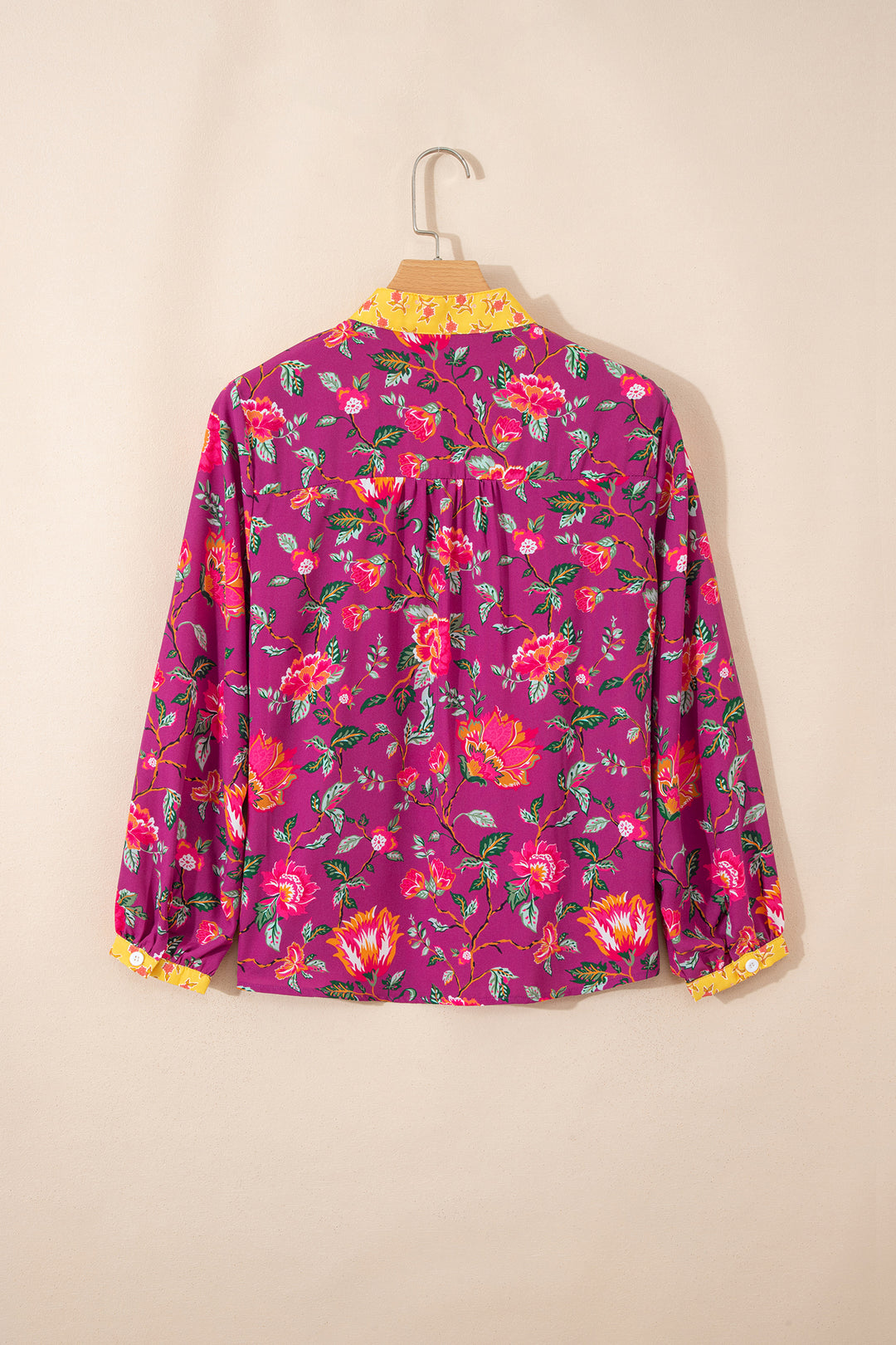 Rose Contrast Placket Split V Neck Floral Blouse