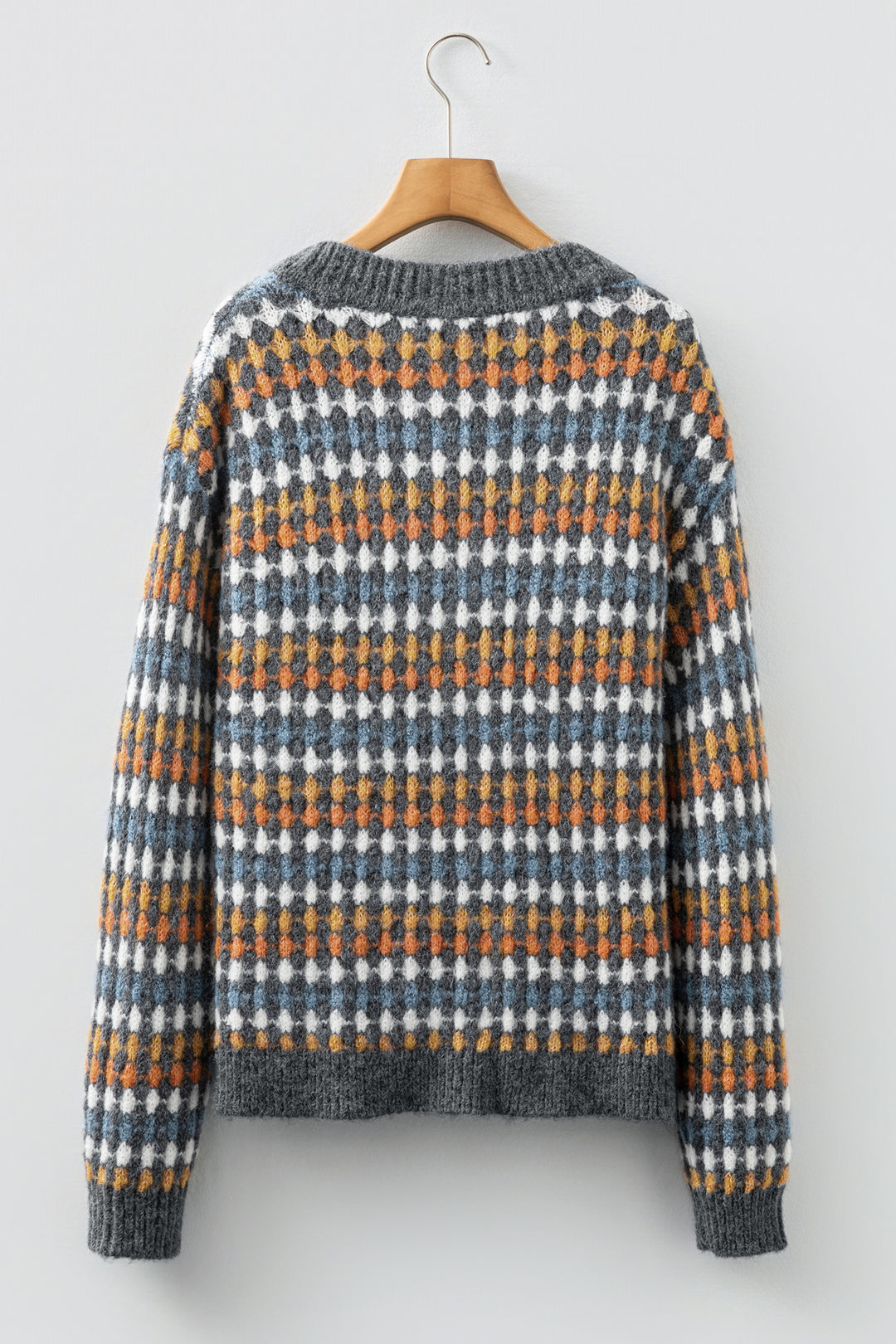 Gray Dotty Pattern Knit Button Front V Neck Sweater Cardigan