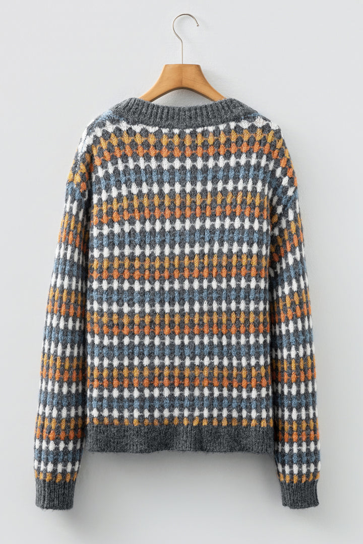 Gray Dotty Pattern Knit Button Front V Neck Sweater Cardigan