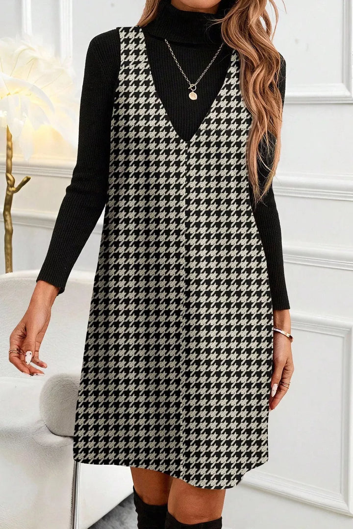 Houndstooth V-Neck Sleeveless Mini Dress