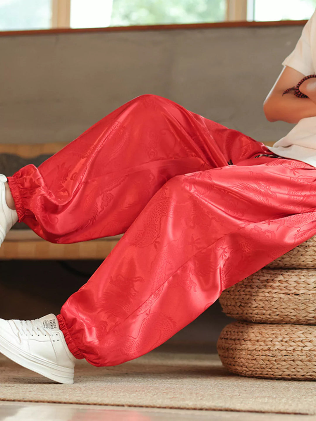 Men's Plus Size Dragon Pattern Silk Harem Pants