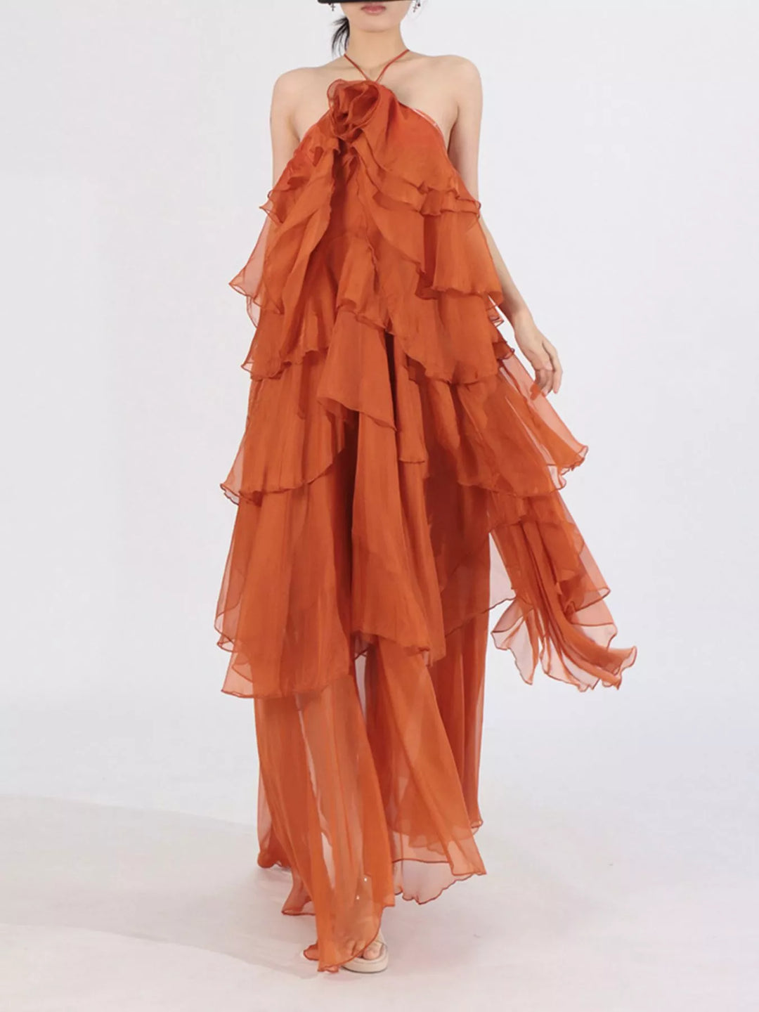 Ruffled Chiffon Halter Neck Maxi Dress