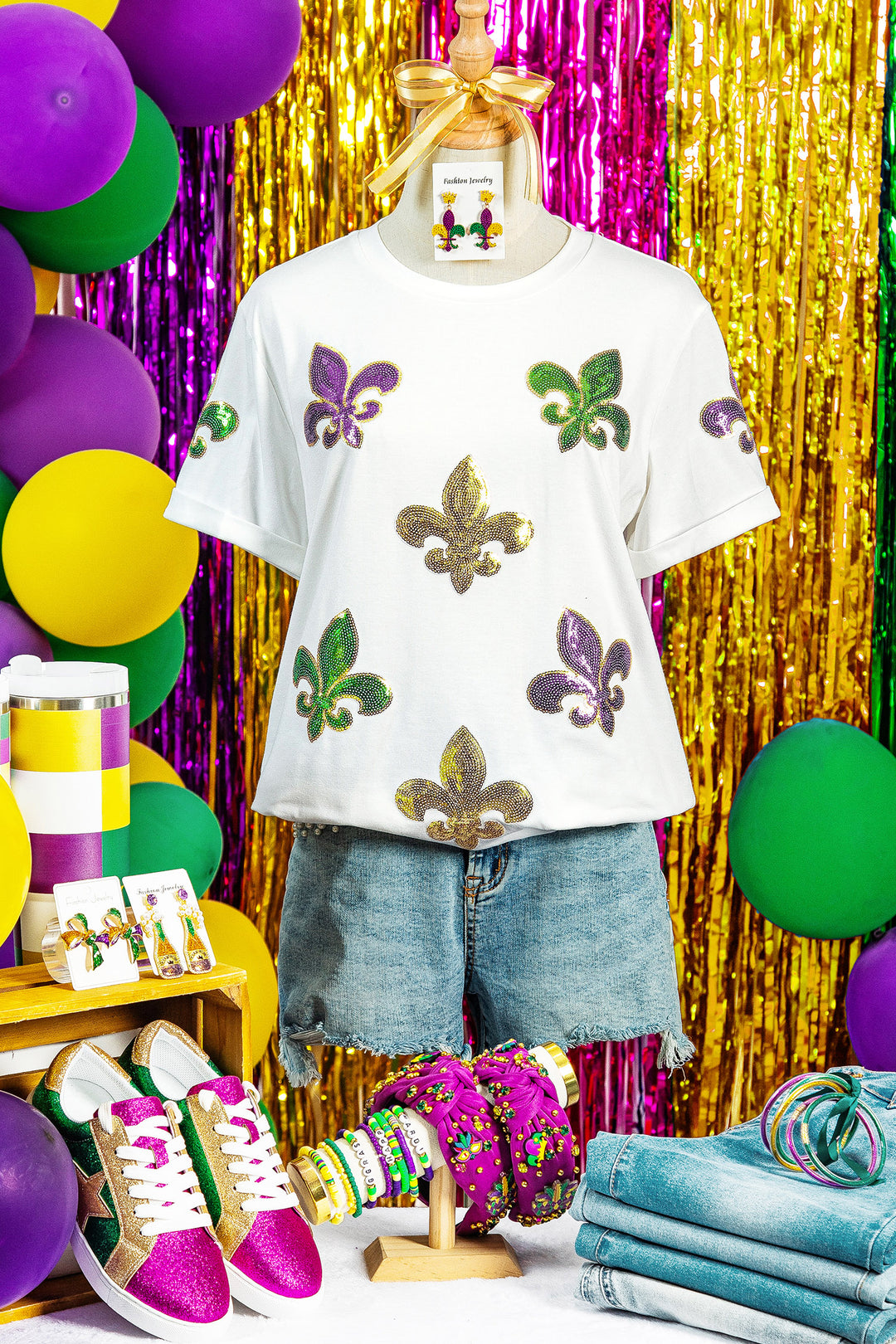 White Mardi Gras Fleur De Lis Sequin Graphic T Shirt