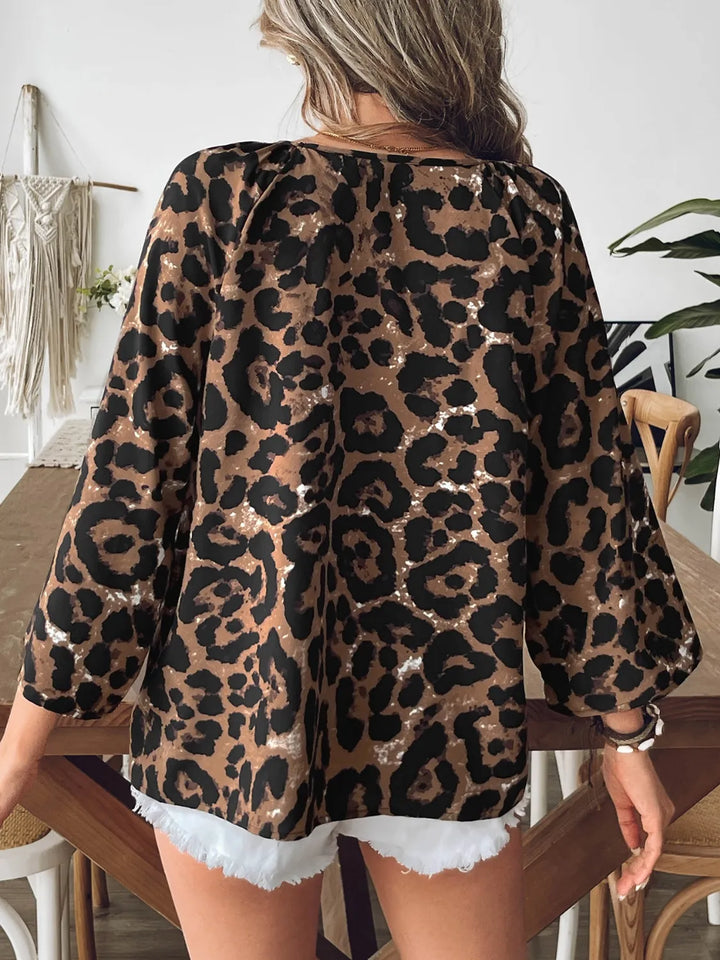 Oversized Leopard V-Neck Three-Quarter Sleeve Blouse