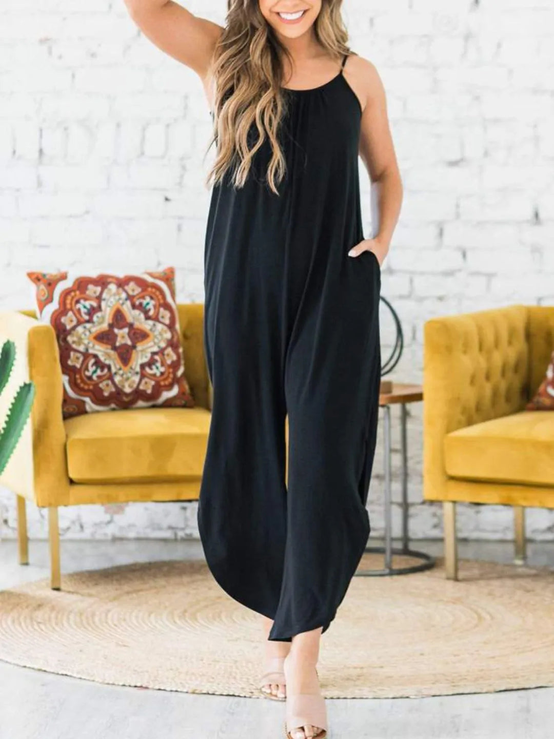 Slit Spaghetti Strap Jumpsuit with Pockets