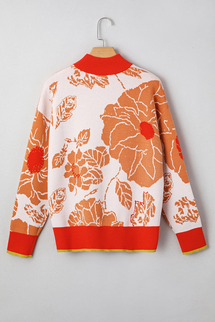 Khaki Floral Half Zip Collared Pullover Sweater