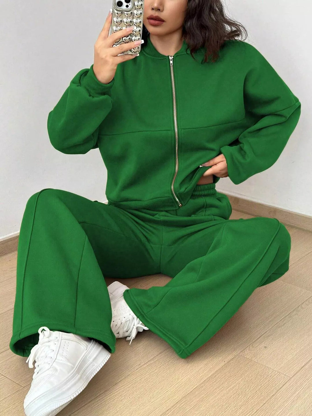Casual Solid Color Zipper Jacket and Wide Leg Pants Set