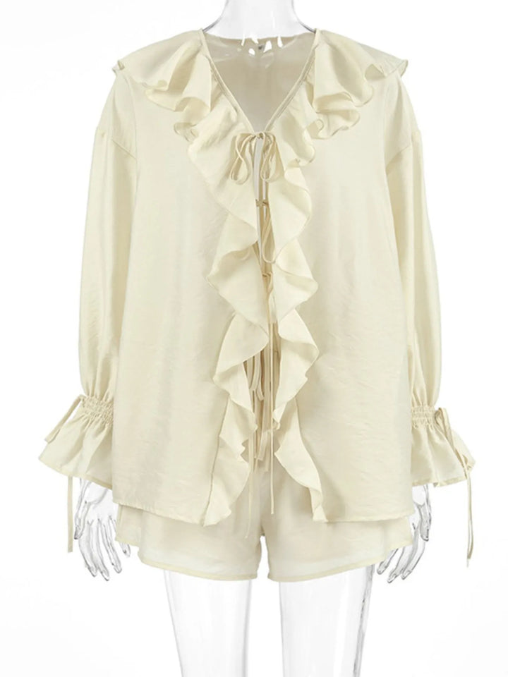 Ruffled V-Neck Top and Shorts Set