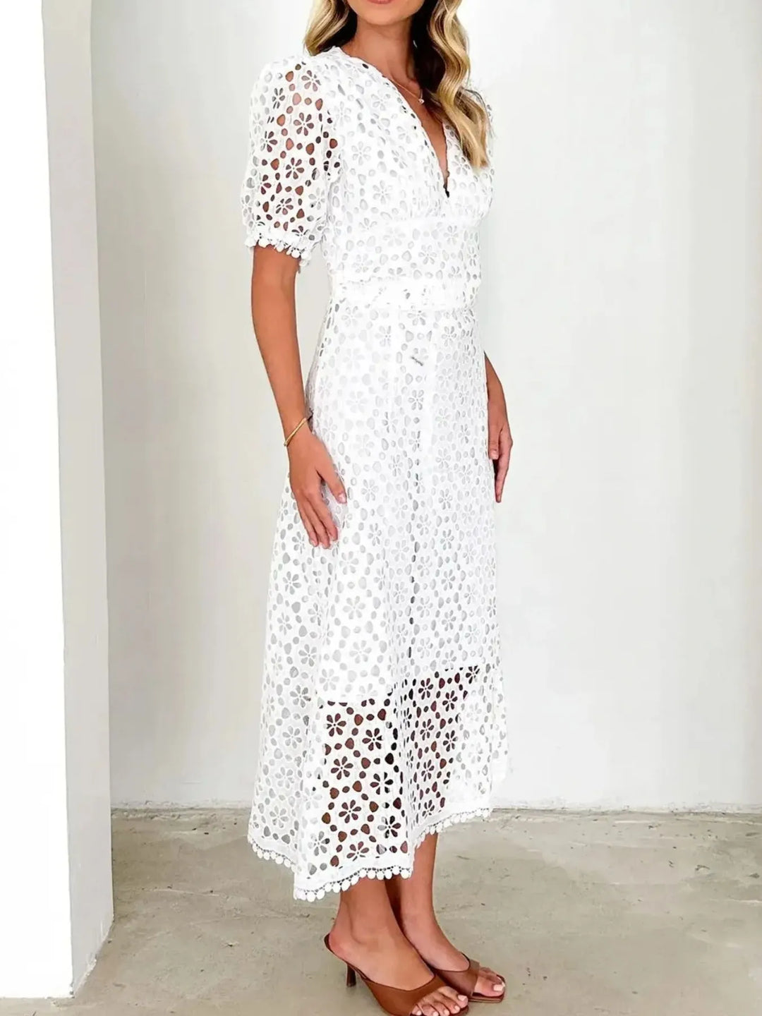 Eyelet Lace V-Neck Midi Dress with Puff Sleeves