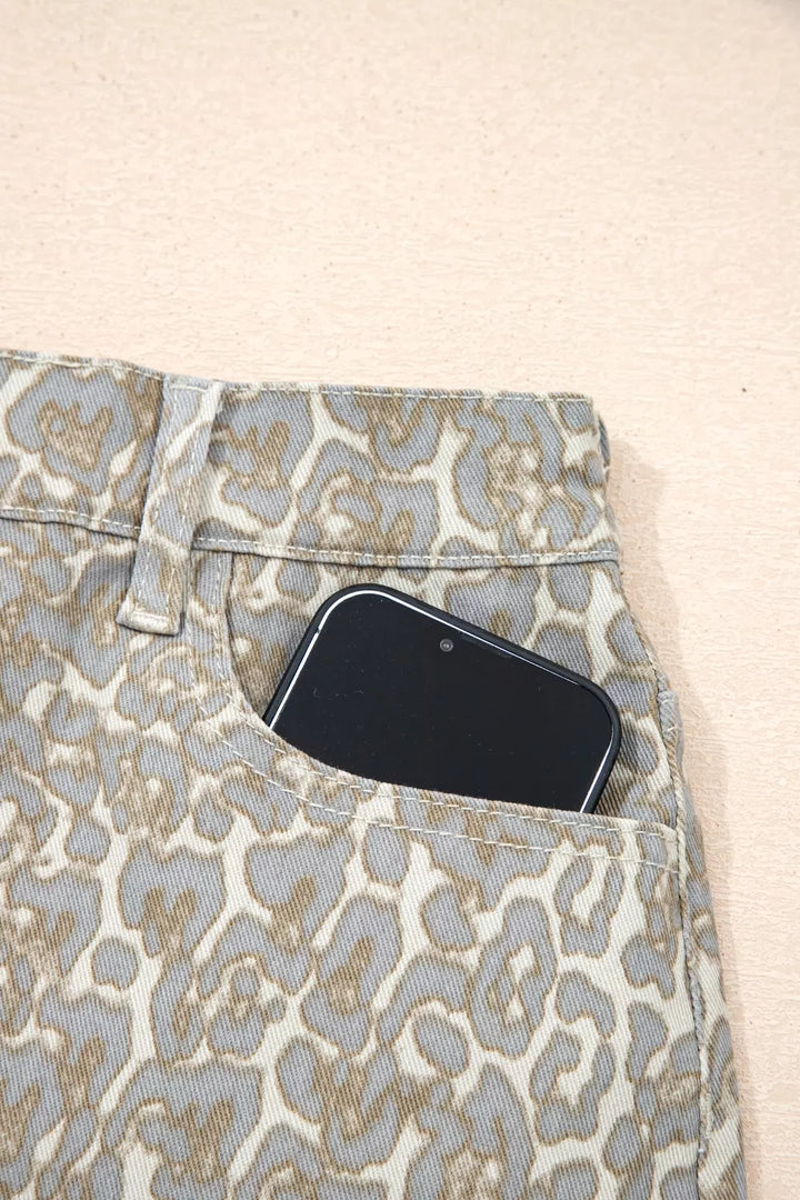 Raw Edge Leopard Print Denim Shorts