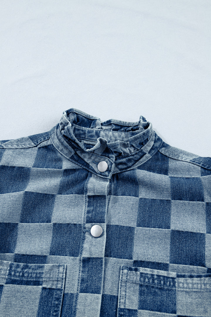 Beau Blue Checkered Ruffle Trim Button Down Denim Vest