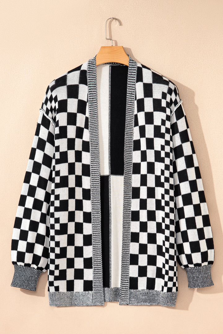 Black Plus Size Checkered Bubble Sleeve Drop Shoulder Open Cardigan