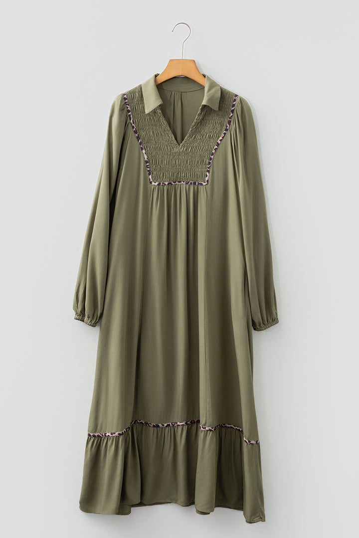 Four Leaf Clover Collared V Neck Smocked Detail Contrast Leopard Trim Bracelet Sleeve Long Dress