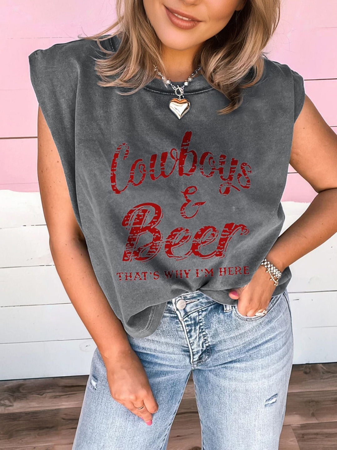 Cowboy & Beer Western Graphic Mineral Wash Tank Top