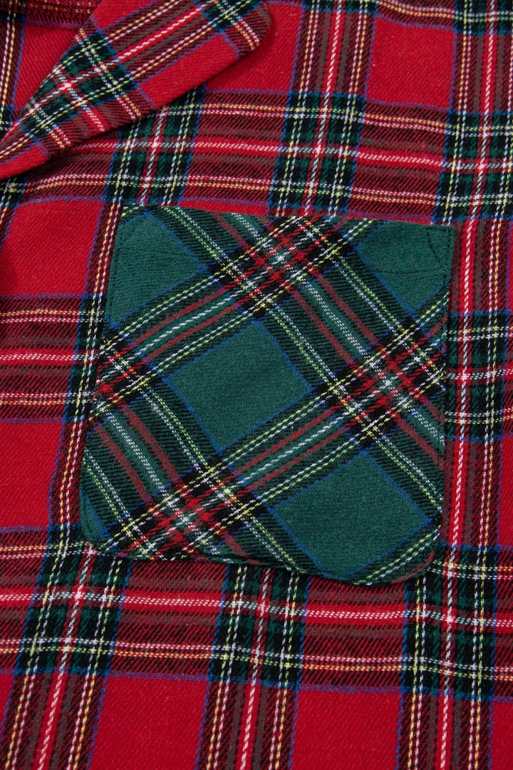 Plaid Contrast Patched Christmas Holiday Long Sleeve Shirt and Short 2pcs Pajama Set