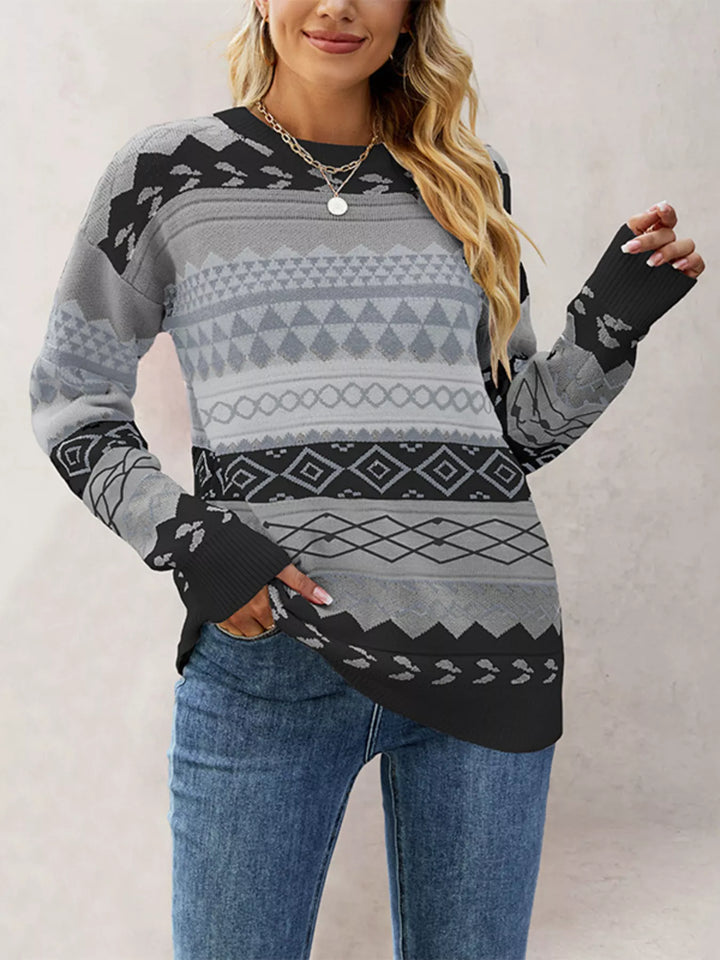 Geometric Pattern Round Neck Sweater