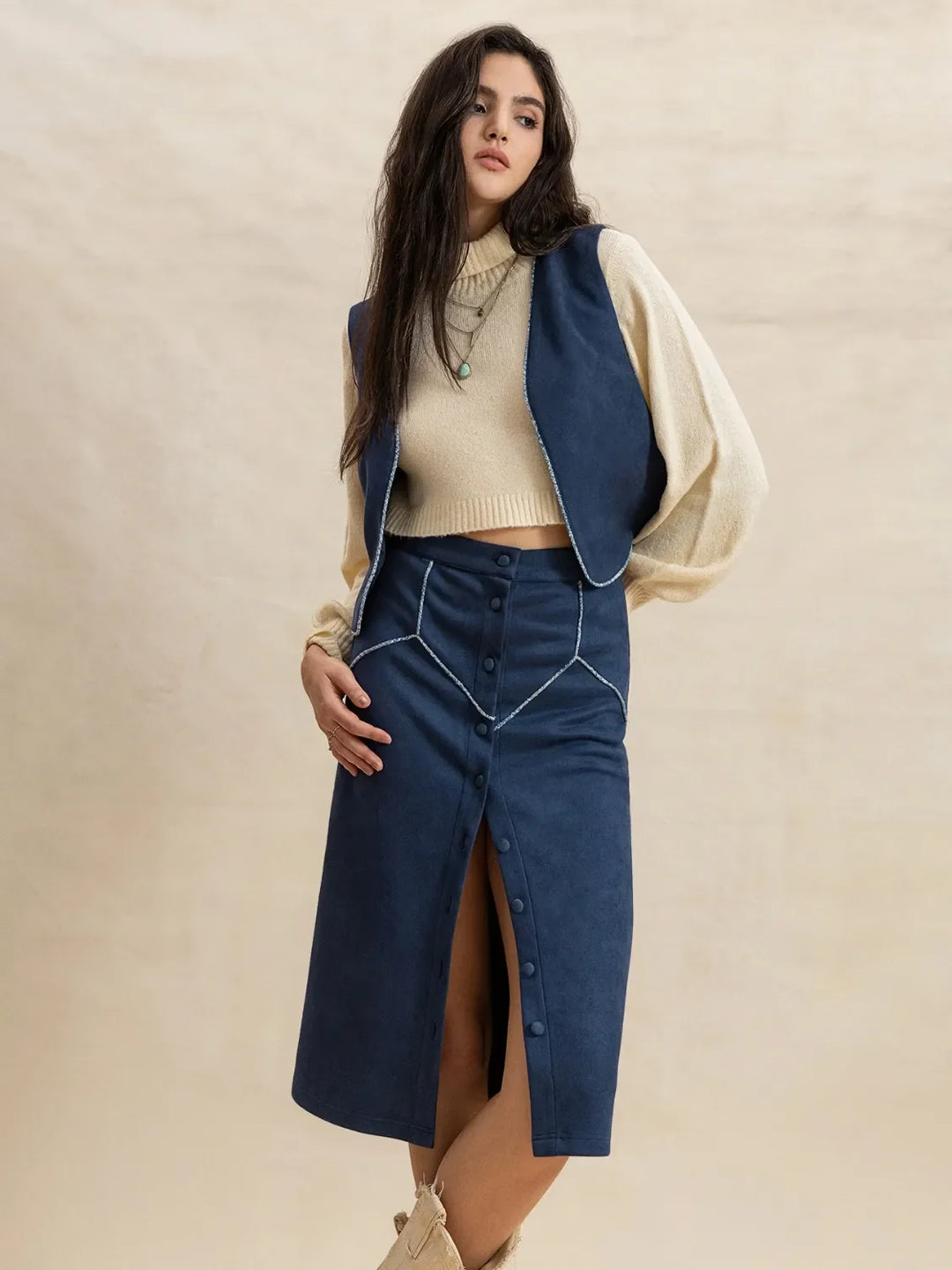 Open Front Vest and Buttoned Skirt Set