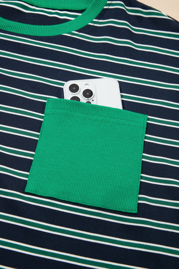 Green Stripe Ribbed Color Block Patchwork Crew Neck Patch Pocket Long Sleeve Top