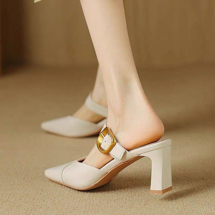 Summer New Women French Style Pointed Toe Mules, Fashion Outdoor Wear Versatile Block Heel Closed Toe Slide High Heels For Dresses