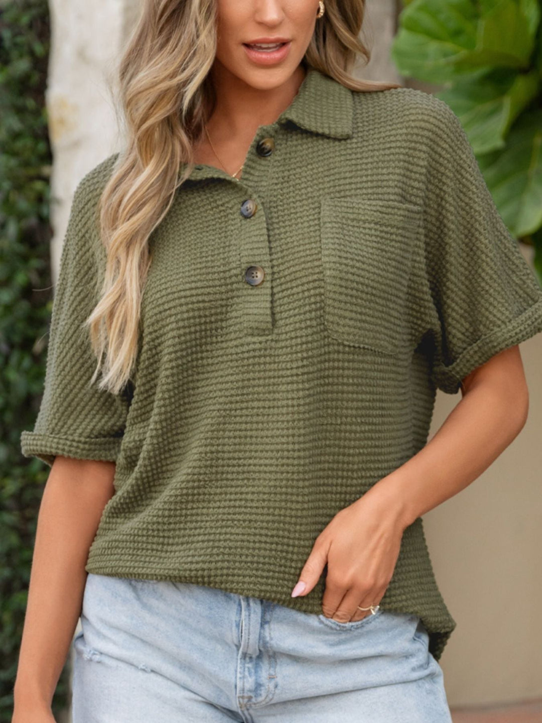 Textured Knit Button Detail Top