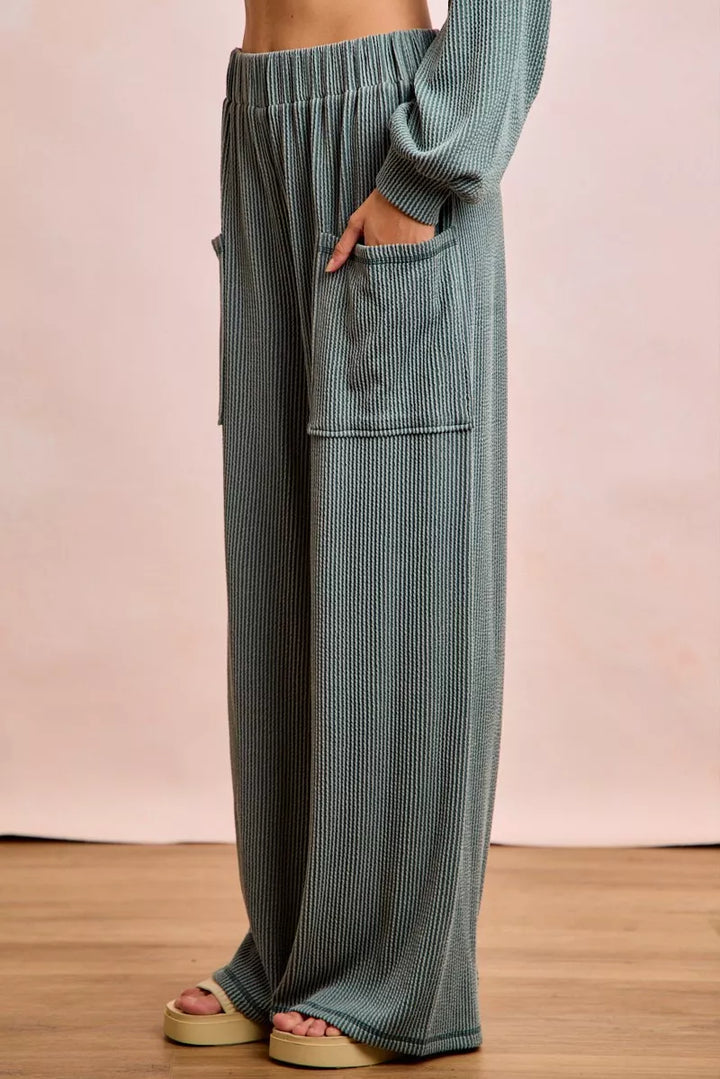 BiBi Two Tone Cord Rib Contrast Stitching V-Neck Top and Pants Set