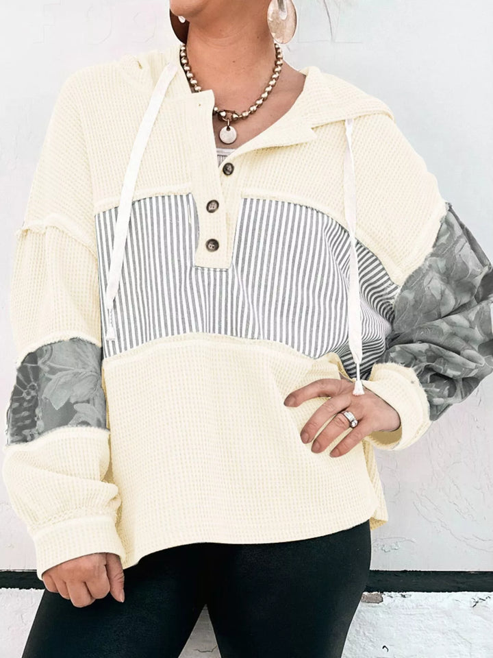 Waffle Knit Striped Drawstring Hoodie