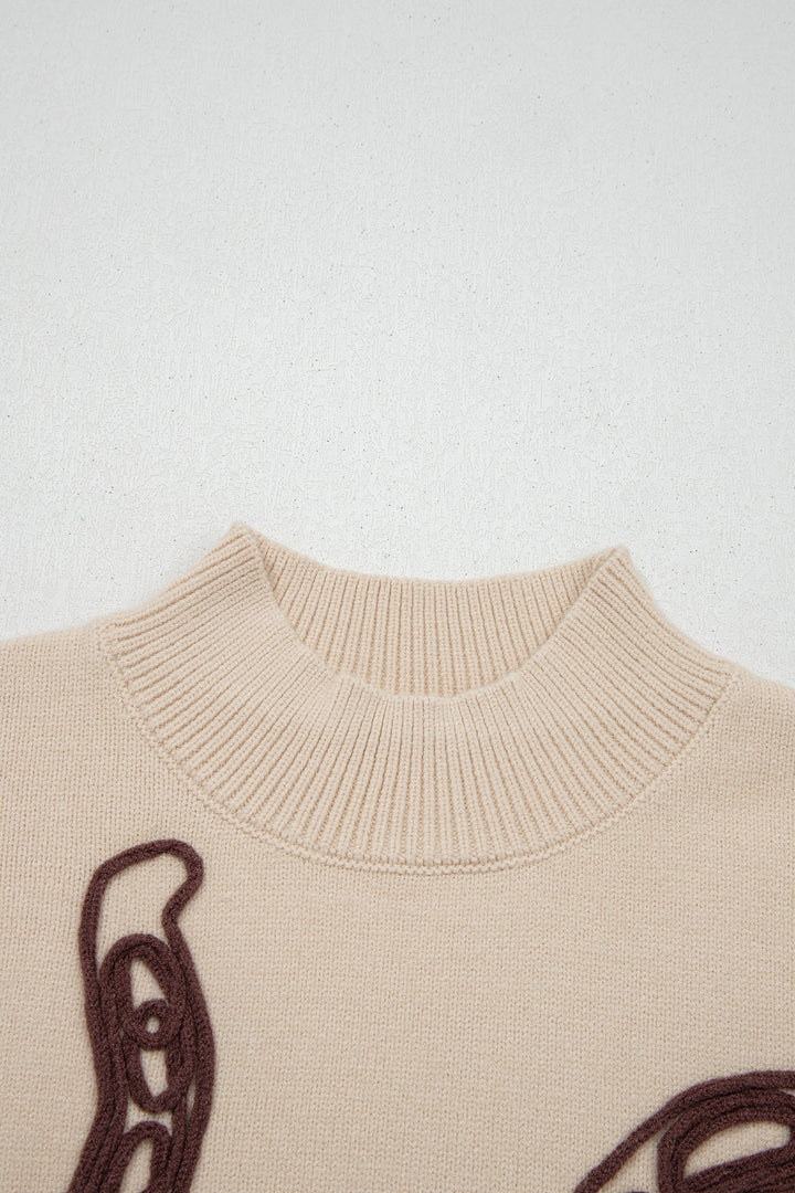 Parchment Corded Horseshoes Ribbed Trim Mock Neck Short Sleeve Sweater