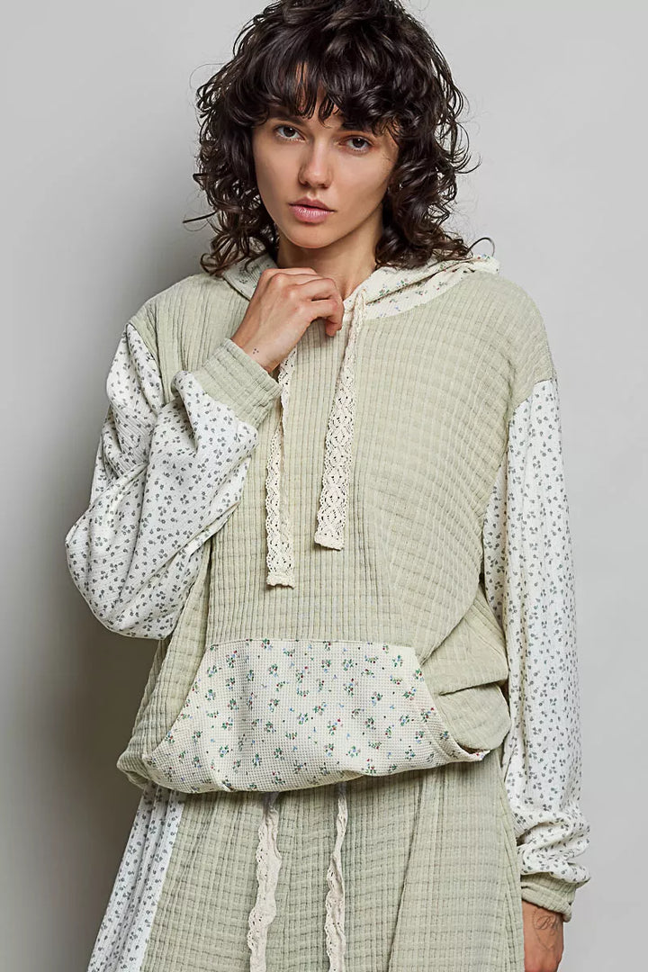 POL Mixed Knit Contrast Print Sleeve Hoodie with Kangaroo Pocket