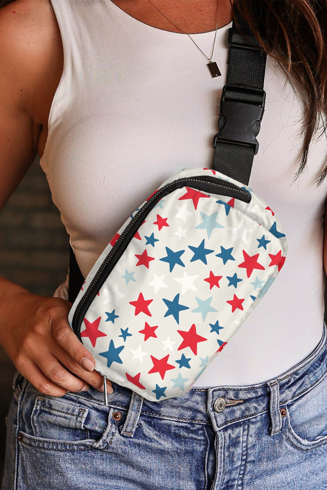 White Star Printed Buckle Strap Flag Day Crossbody Bag