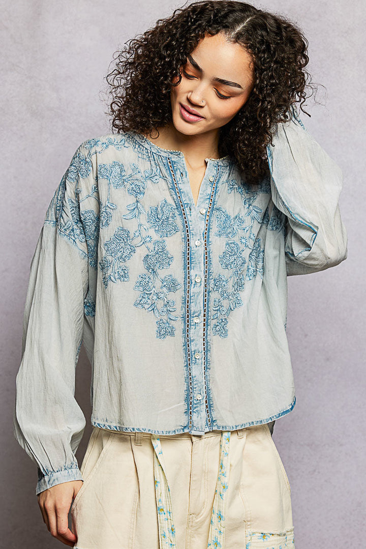 POL Floral Embroidered Button Down Long Sleeve Shirt