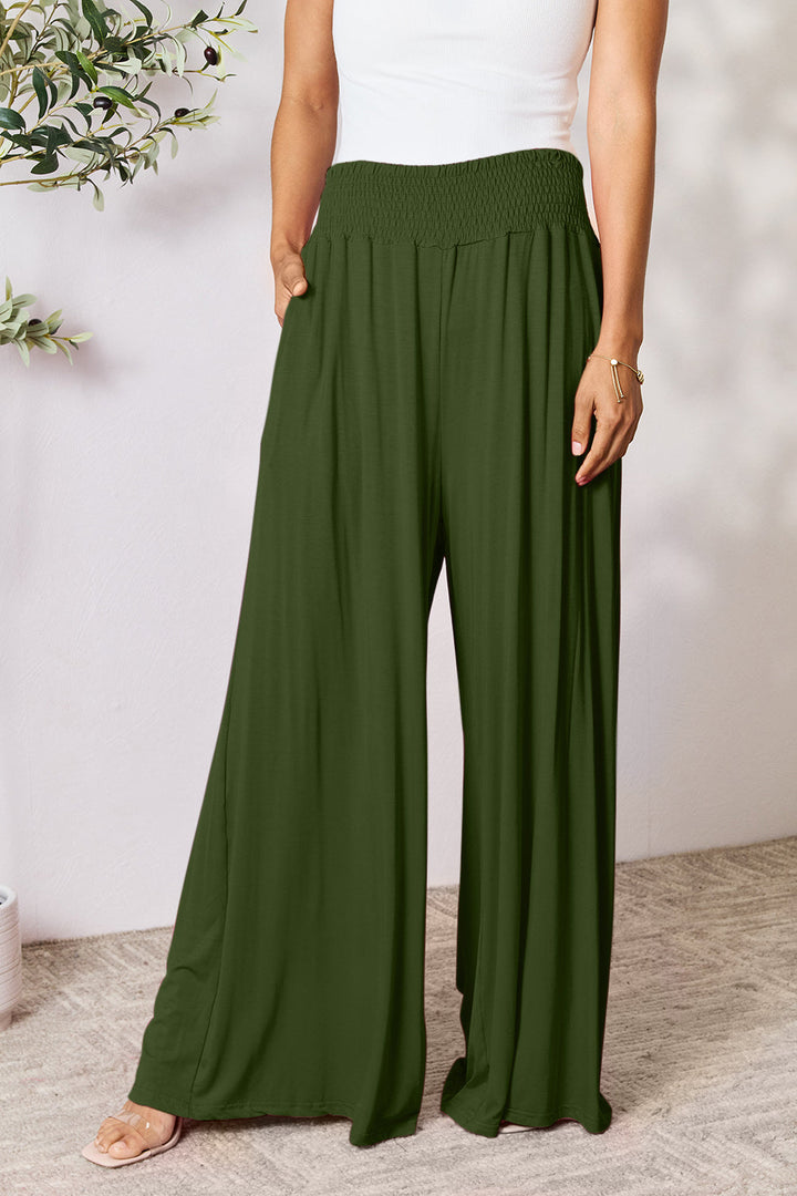 Smocked High-Waist Wide Leg Pants