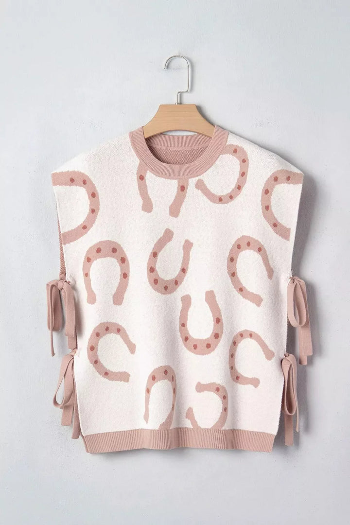Horse Shoe Western Print Tied Side Cap Sleeve Knit Top