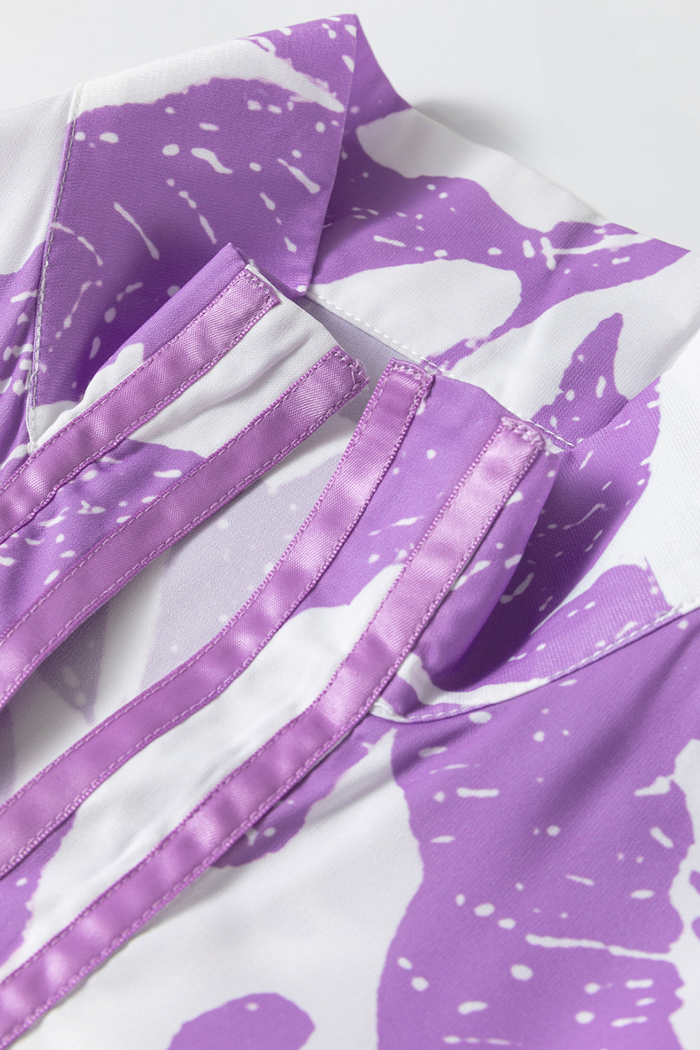 Purple Leafy Print 3/4 Sleeve Striped Trim Split Neck Blouse