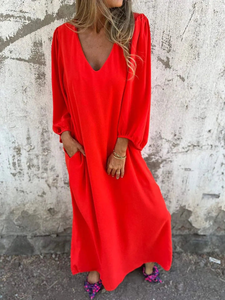 Full Size Slit V-Neck Balloon Sleeve Midi Dress Plus Size