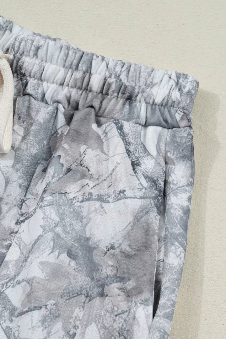 Abstract Woodland Camo Print Baggy Pullover Drawstring Shorts Set
