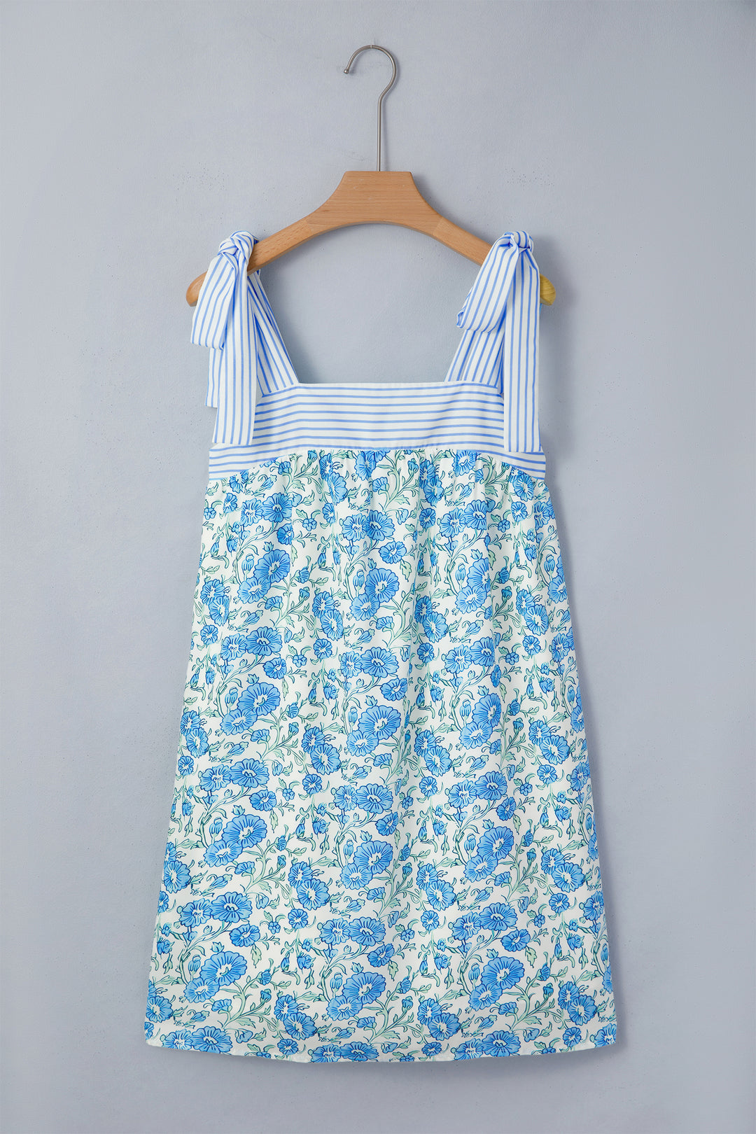 Sky Blue Floral Print Striped Patchwork Bow Knot Straps Mini Dress
